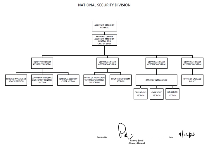 National Security Division Organizational Chart signed in 2025