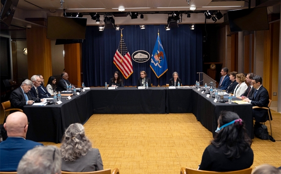 Assistant Attorney General for Antitrust Abigail Slater delivers remarks at the Department of Justice. She is joined by Department of Justice and federal government officials.